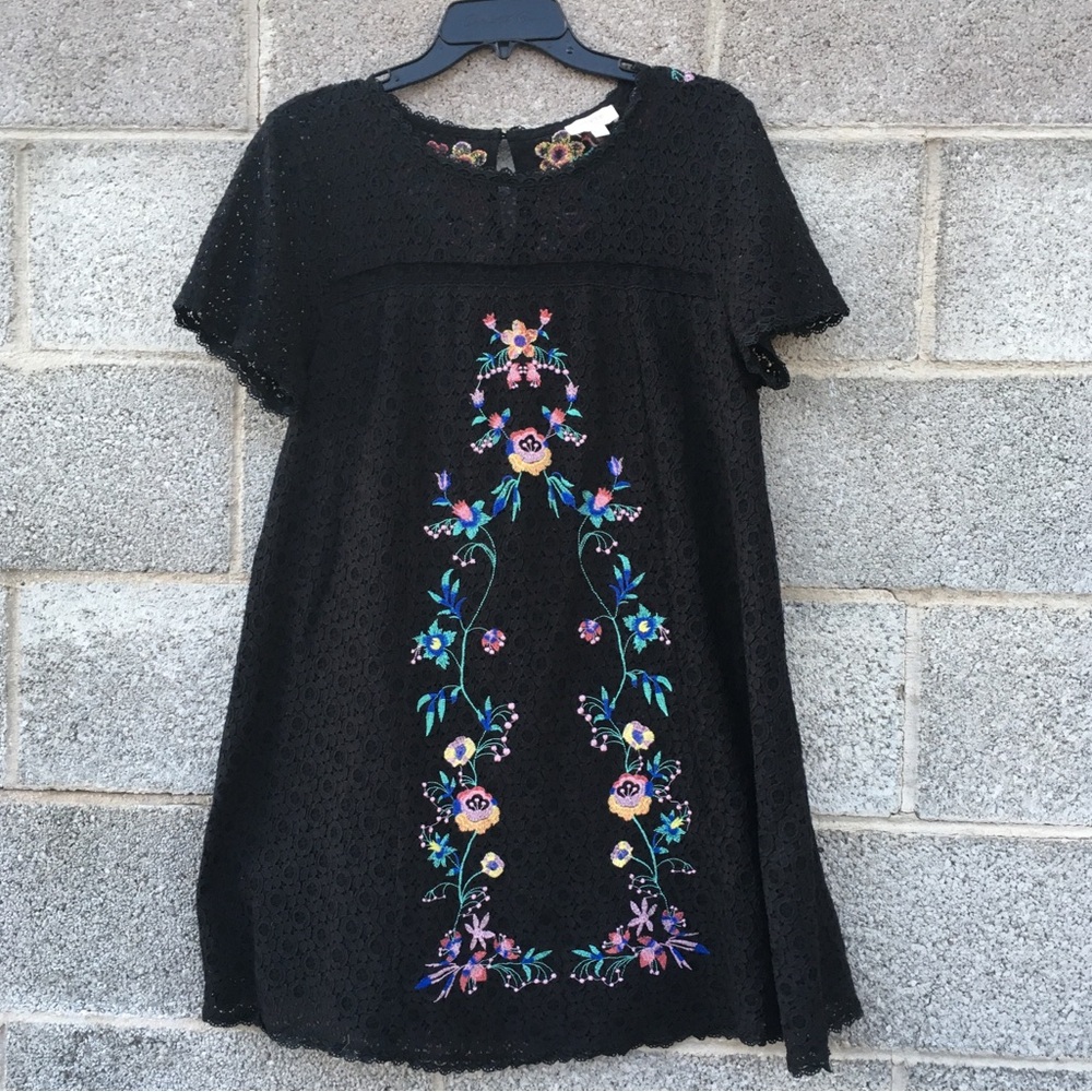 Umgee Womens Black Shift Dress Mini Embroidered Floral Boho Short Lined Sz Small